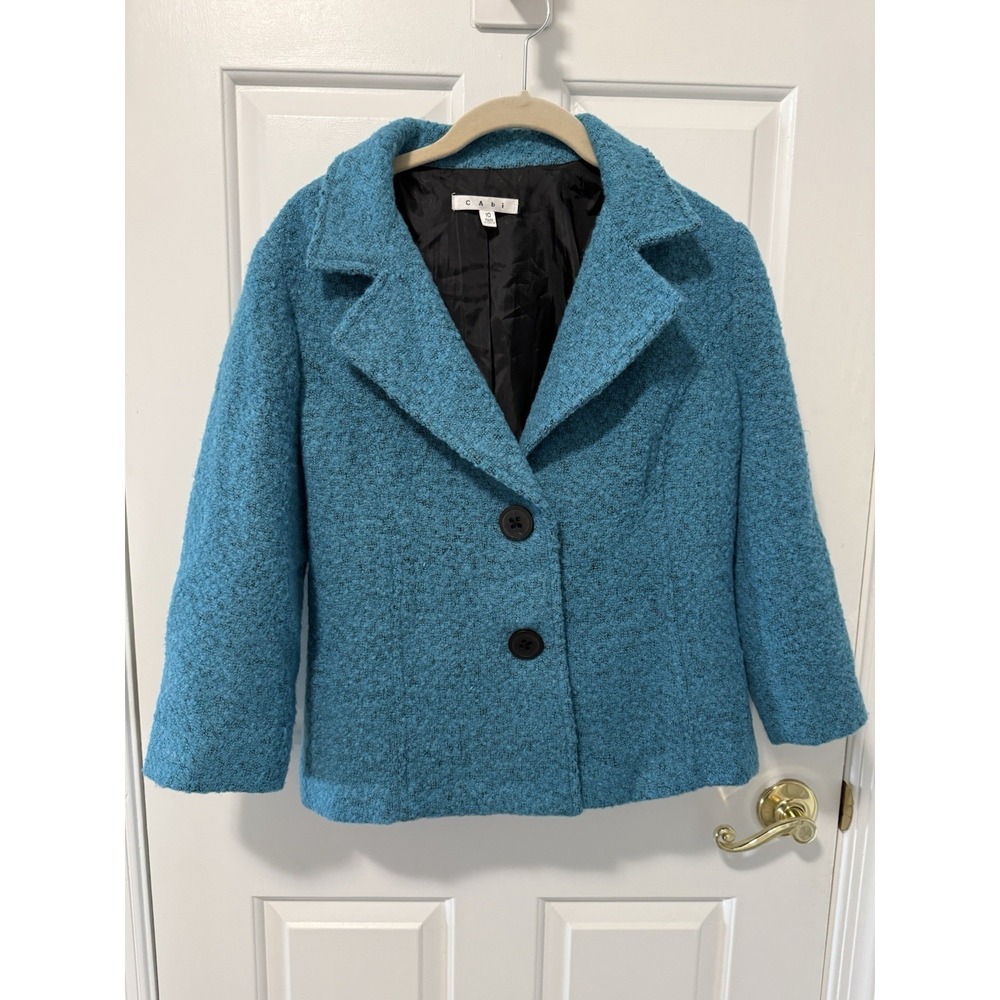 CAbi Turquoise Blue Boucle Charming Wool‎ Blend Blazer Size 10
